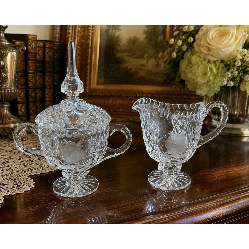 Vintage Cut Crystal Creamer & Covered Sugar Bowl Set Etched Rose Footed Floral